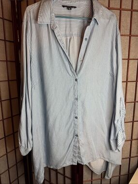 Light Blue & White Striped Button-Up Shirt with Roll-Tab Sleeves